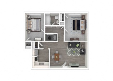 Floor plan for 2 beds, 1 bath, 735 sqft